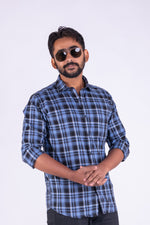 Load image into Gallery viewer, MENS COTTON BLUE CHECKERED SLIM FIT FULL SLEEVE CASUAL SHIRT