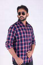 Load image into Gallery viewer, MENS COTTON BLUE CHECKERED SLIM FIT FULL SLEEVE CASUAL SHIRT