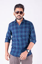 Load image into Gallery viewer, MENS COTTON BLUE CHECKERED SLIM FIT FULL SLEEVE CASUAL SHIRT