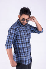 Load image into Gallery viewer, MENS COTTON BLUE CHECKERED SLIM FIT FULL SLEEVE CASUAL SHIRT