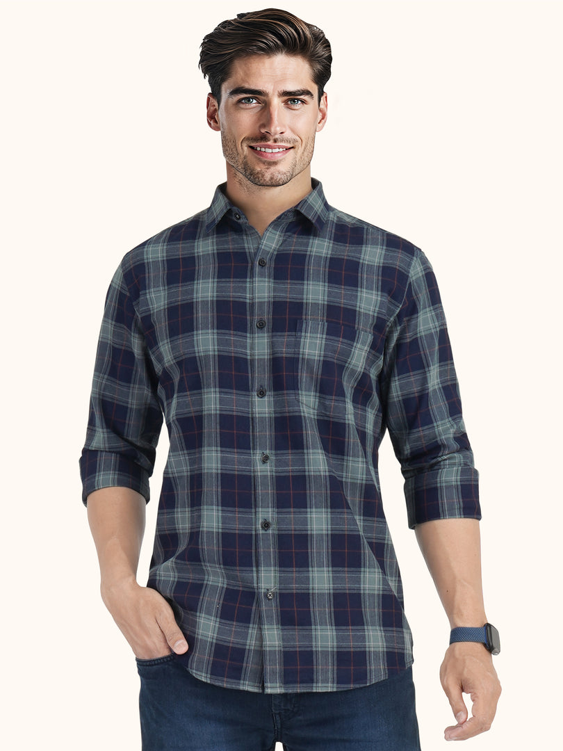 MENS COTTON GREY CHECKERED SLIM FIT FULL SLEEVE CASUAL SHIRT