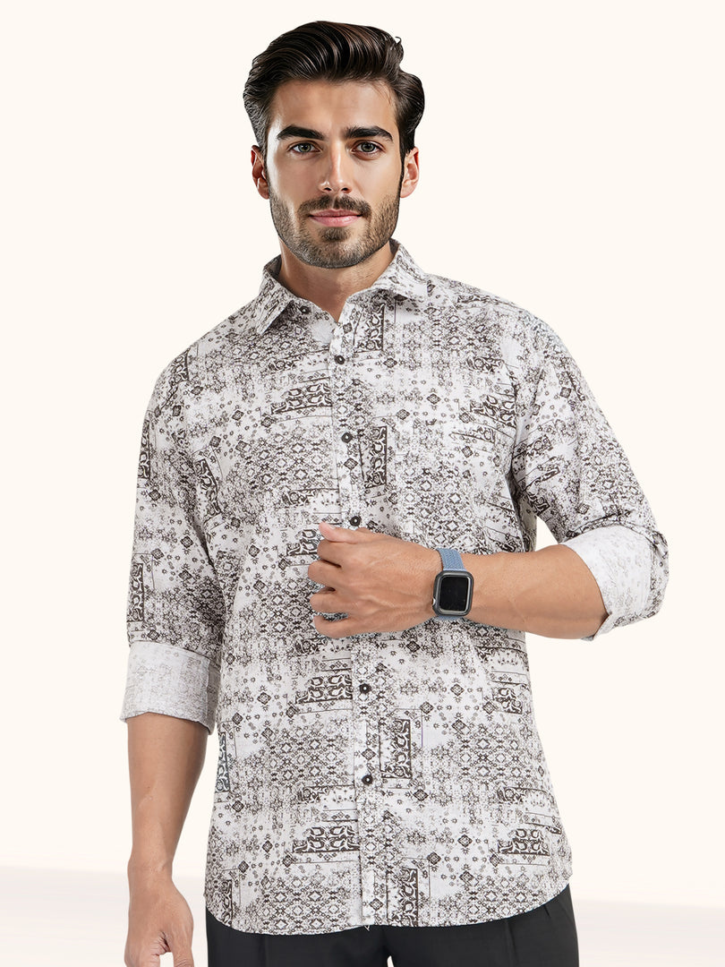 MENS COTTON WHITE PRINTED SLIM FIT FULL SLEEVE CASUAL SHIRT