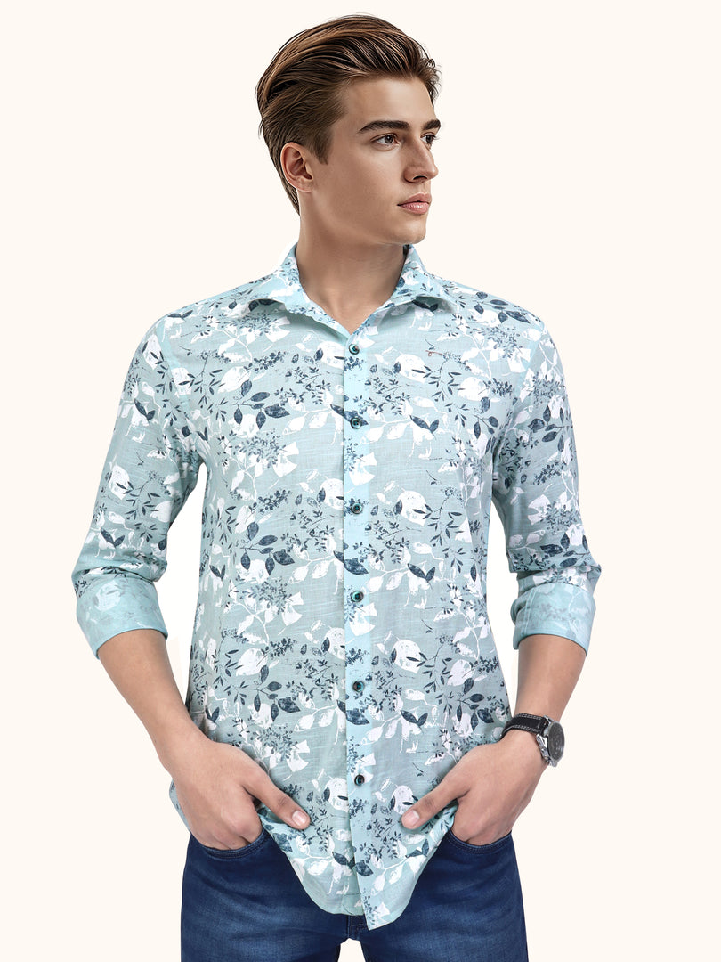 Men Smart Fit Floral Print Green Full Sleeve Shirt