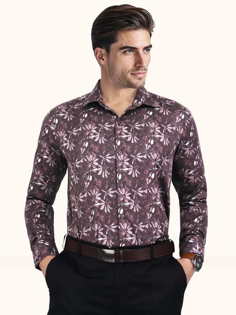 Men Smart Fit Floral Print Brown Full Sleeves Shirt