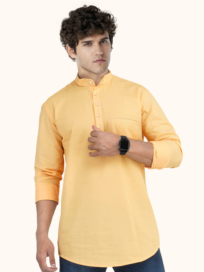 MENS POPCORN YELLOW PLAIN SLIM FIT SHORT KURTA