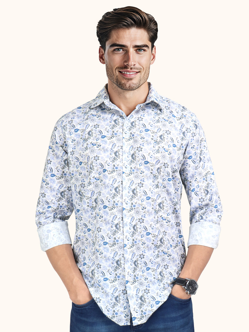 Men Smart Fit Floral Print Blue Full Sleeve Shirt