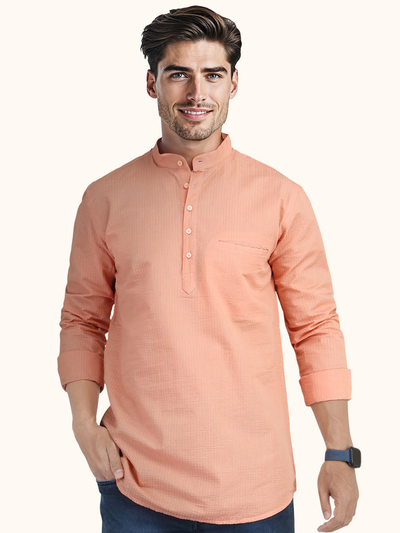 MENS POPCORN ORANGE PLAIN SLIM FIT SHORT KURTA