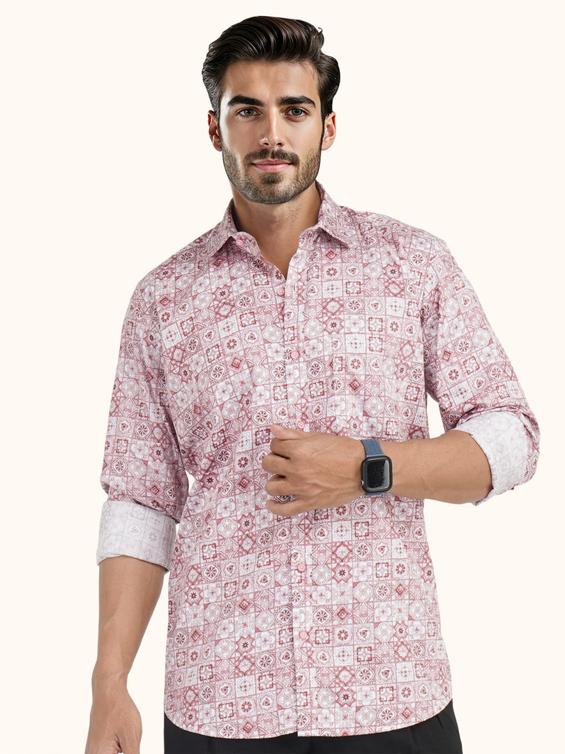 MENS COTTON PINK PRINTED SLIM FIT FULL SLEEVE CASUAL SHIRT