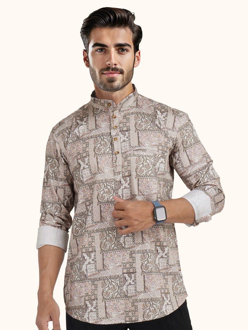 MENS COTTON MULTI COLOR PRINTED SLIM FIT SHORT KURTA