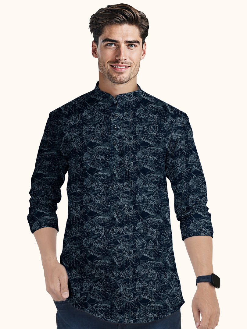 Men Smart Fit Floral Print Blue Full Sleeve Kurta