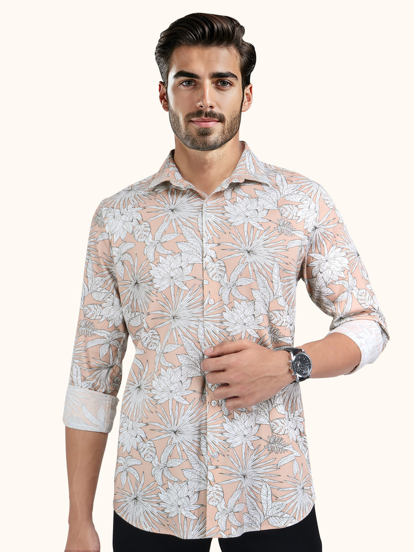 Men Smart Fit Floral Print Peach Full Sleeve Shirt