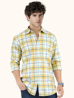 Load image into Gallery viewer, MENS COTTON YELLOW CHECKERED SLIM FIT FULL SLEEVE CASUAL SHIRT
