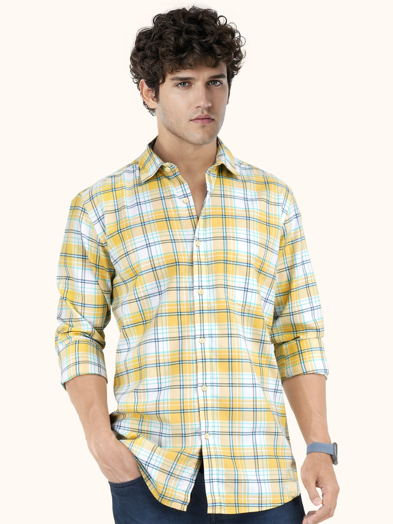 MENS COTTON YELLOW CHECKERED SLIM FIT FULL SLEEVE CASUAL SHIRT