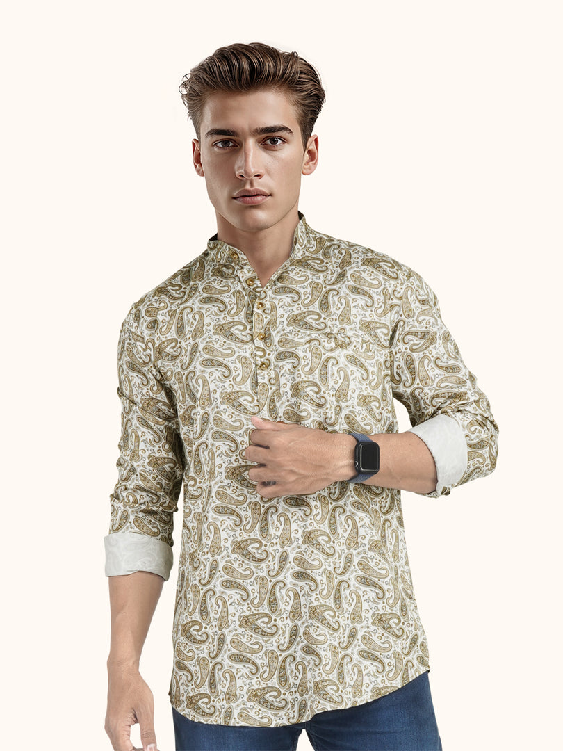 MENS COTTON BROWN PRINTED SLIM FIT SHORT KURTA