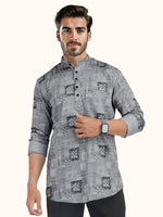 Load image into Gallery viewer, MENS COTTON GREY PRINTED SLIM FIT SHORT KURTA
