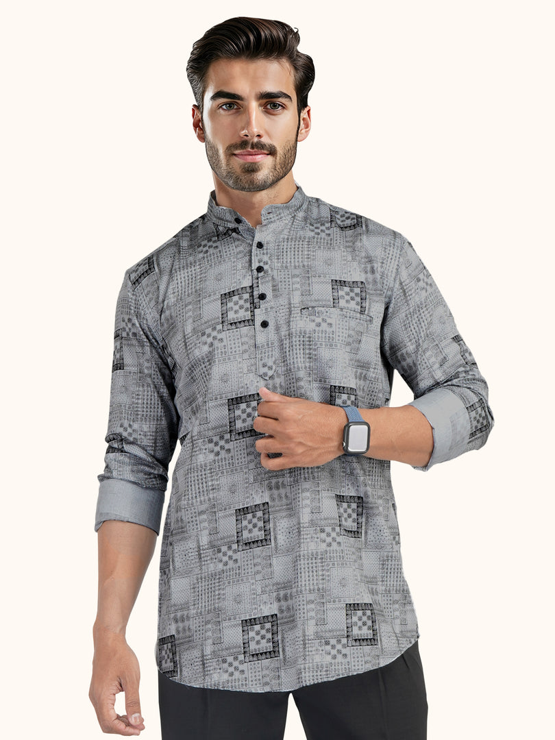 MENS COTTON GREY PRINTED SLIM FIT SHORT KURTA