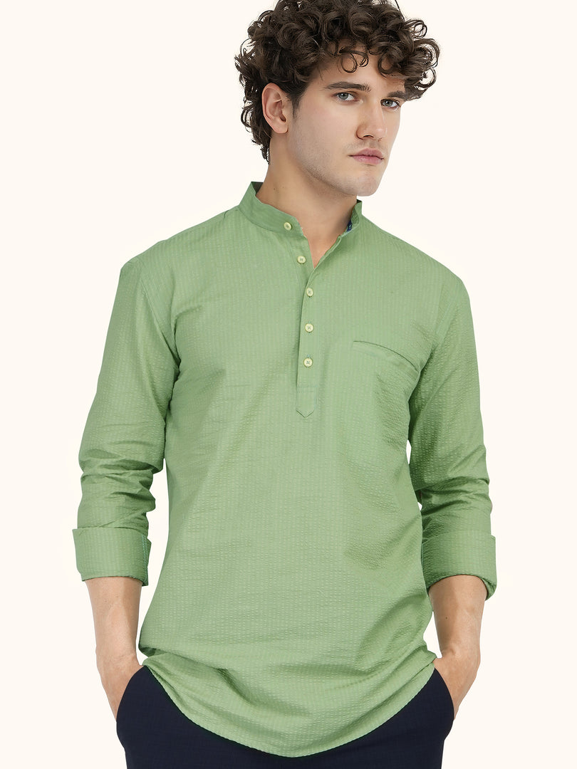 MENS POPCORN GREEN PLAIN SLIM FIT SHORT KURTA