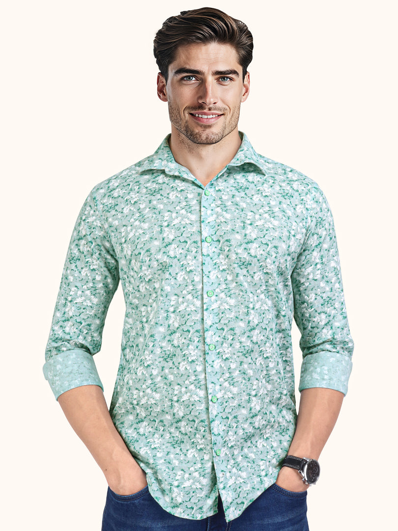 Men Smart Fit Floral Print Green Full Sleeve Shirt