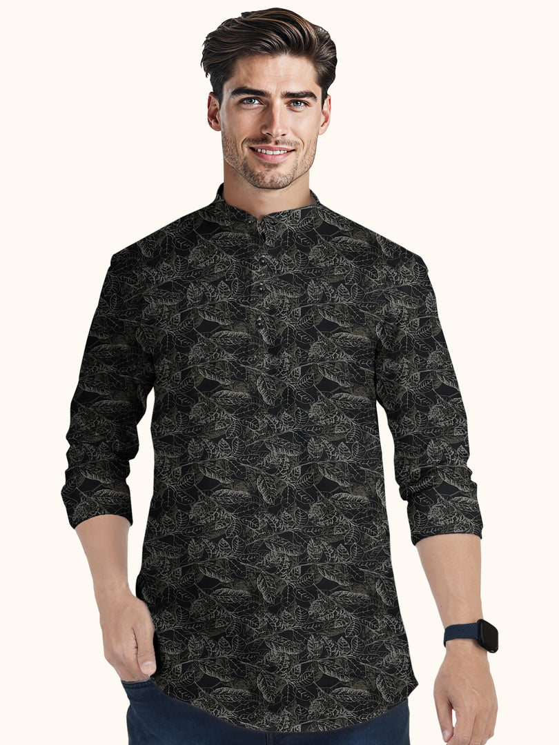 Men Smart Fit Floral Print Black Full Sleeve Kurta