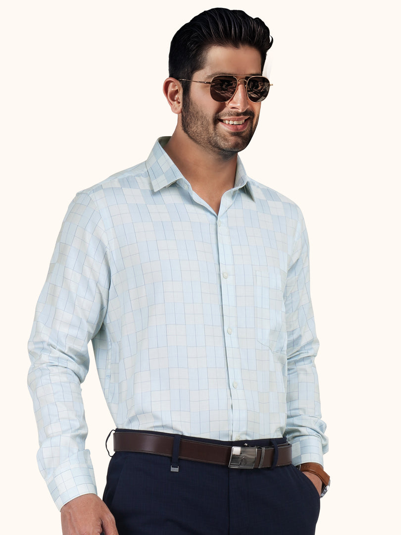 MENS COTTON SKY CHECKERED SMART FIT FULL SLEEVE FORMAL SHIRT