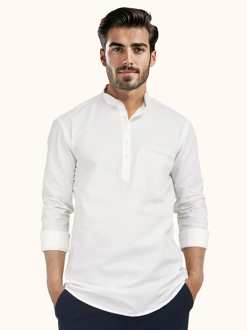 MENS POPCORN WHITE PLAIN SLIM FIT SHORT KURTA