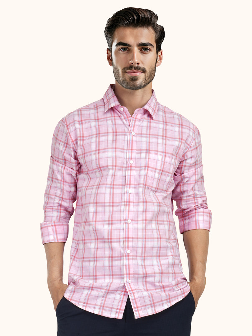 MENS COTTON PINK CHECKERED SLIM FIT FULL SLEEVE CASUAL SHIRT