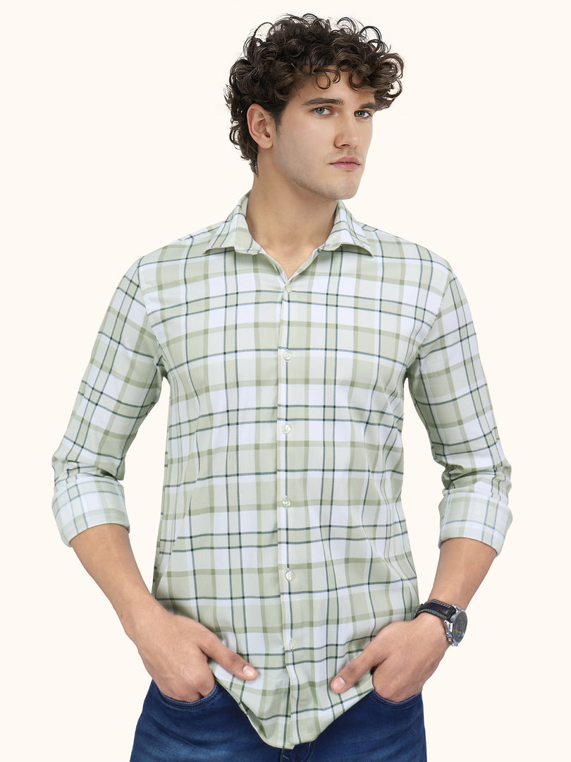 Men Smart Fit Chequered Olive Full Sleeve Shirt