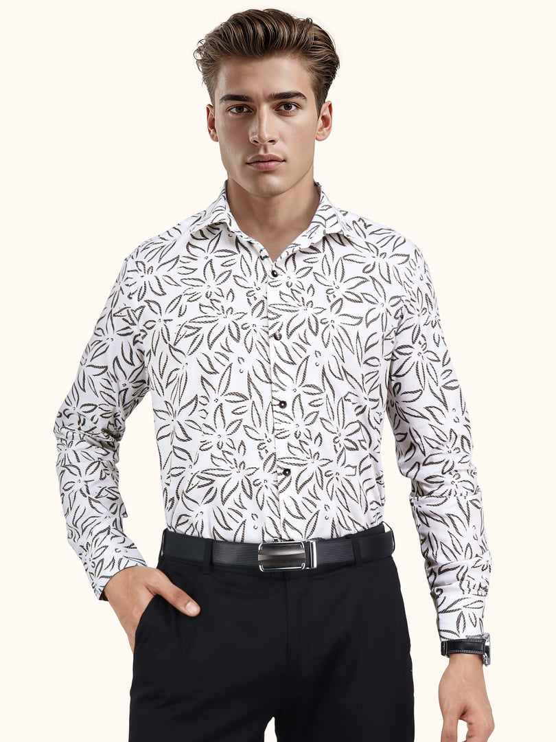 Men Smart Fit Floral Print White Full Sleeves Shirt