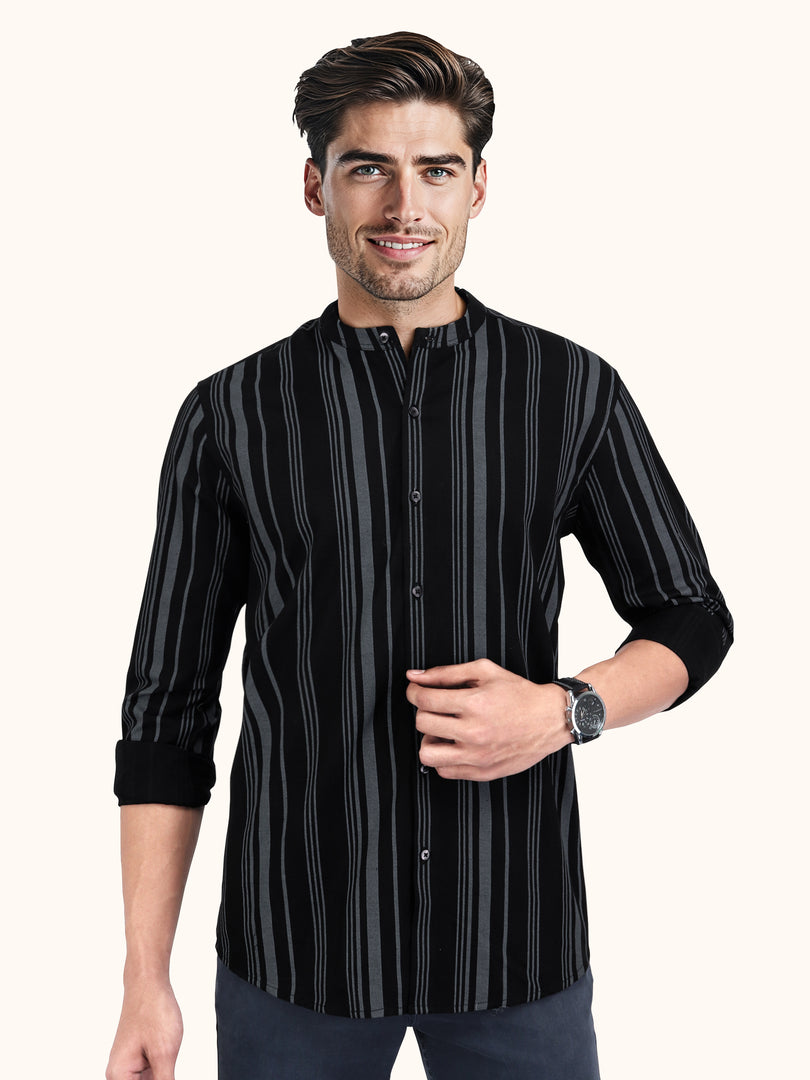 Men Smart Fit Stripped Black Full Sleeve Shirt
