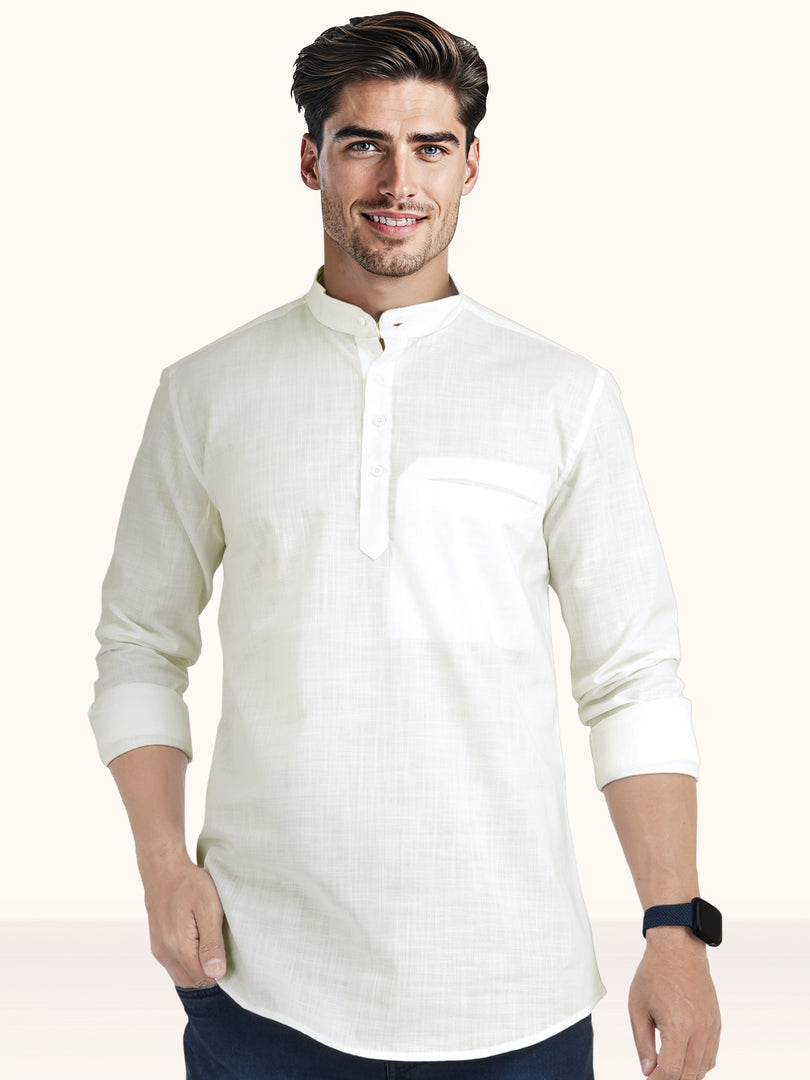 MENS COTTON WHITE PLAIN SLIM FIT SHORT KURTA
