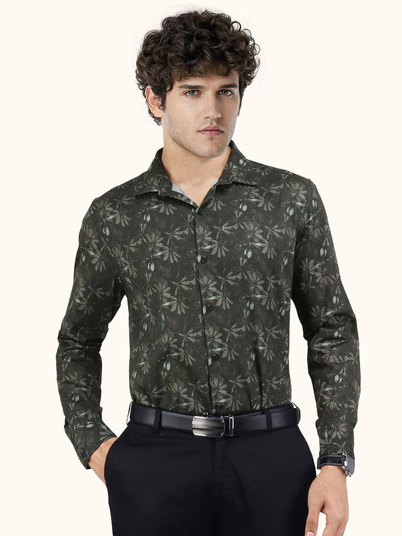 Men Smart Fit Floral Print Olive Full Sleeves Shirt