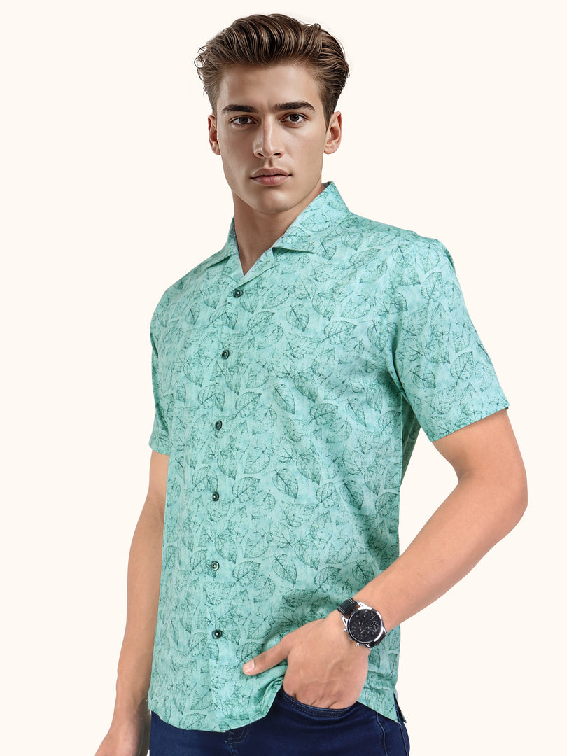 Men Smart Fit Floral Print Green Half Sleeve Shirt