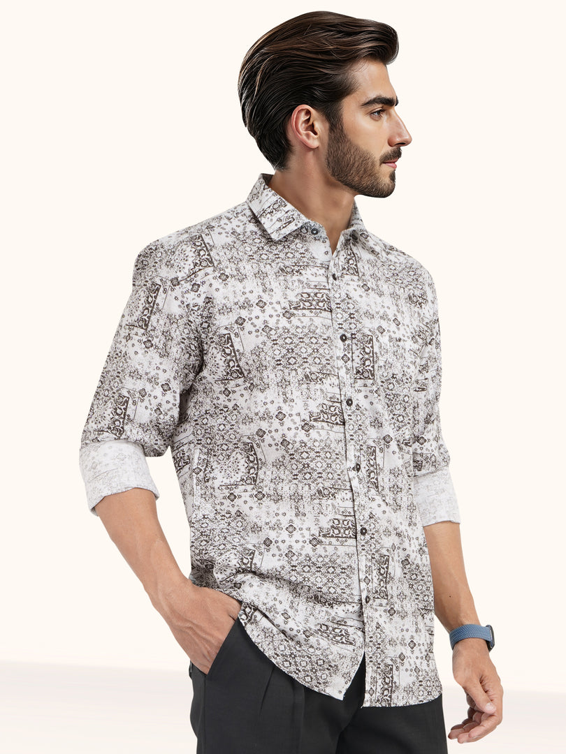 MENS COTTON WHITE PRINTED SLIM FIT FULL SLEEVE CASUAL SHIRT