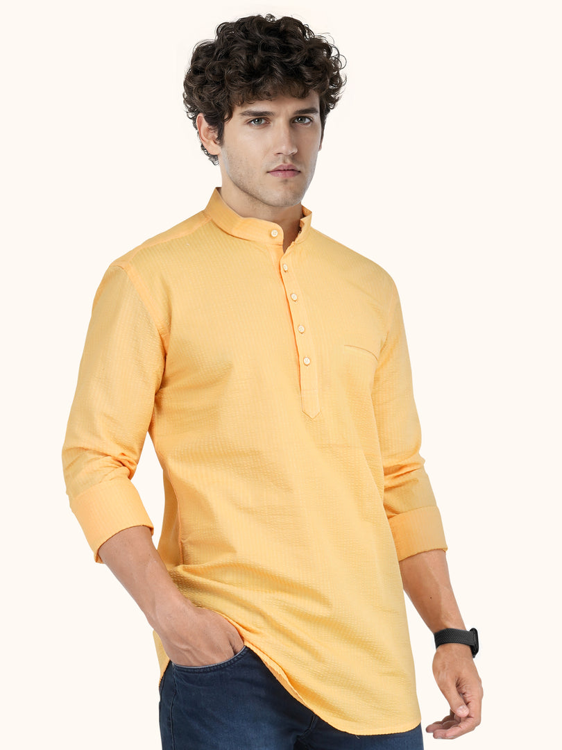 MENS POPCORN YELLOW PLAIN SLIM FIT SHORT KURTA