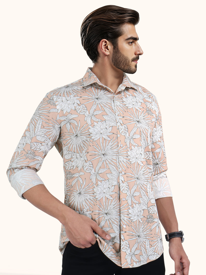 Men Smart Fit Floral Print Peach Full Sleeve Shirt