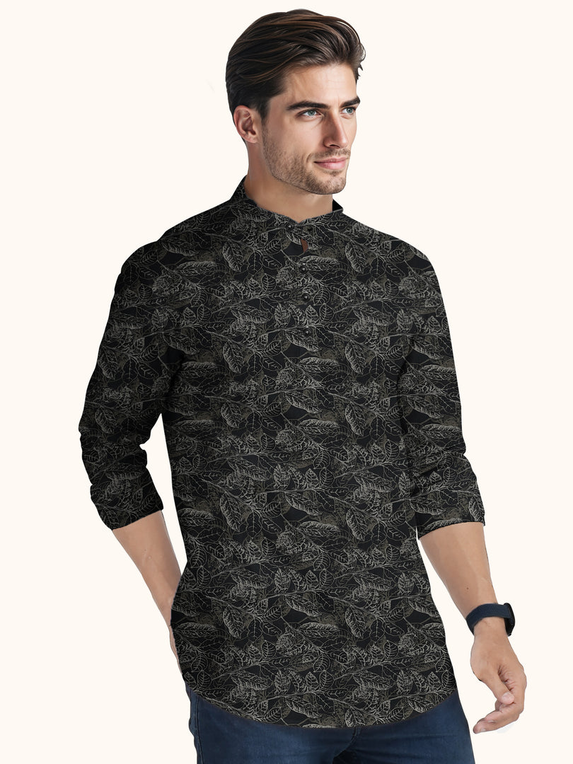 Men Smart Fit Floral Print Black Full Sleeve Kurta