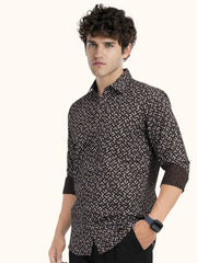 MENS COTTON MAROON PRINTED SLIM FIT FULL SLEEVE CASUAL SHIRT