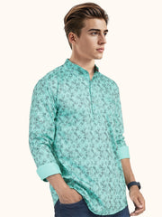 MENS COTTON GREEN PRINTED SLIM FIT SHORT KURTA