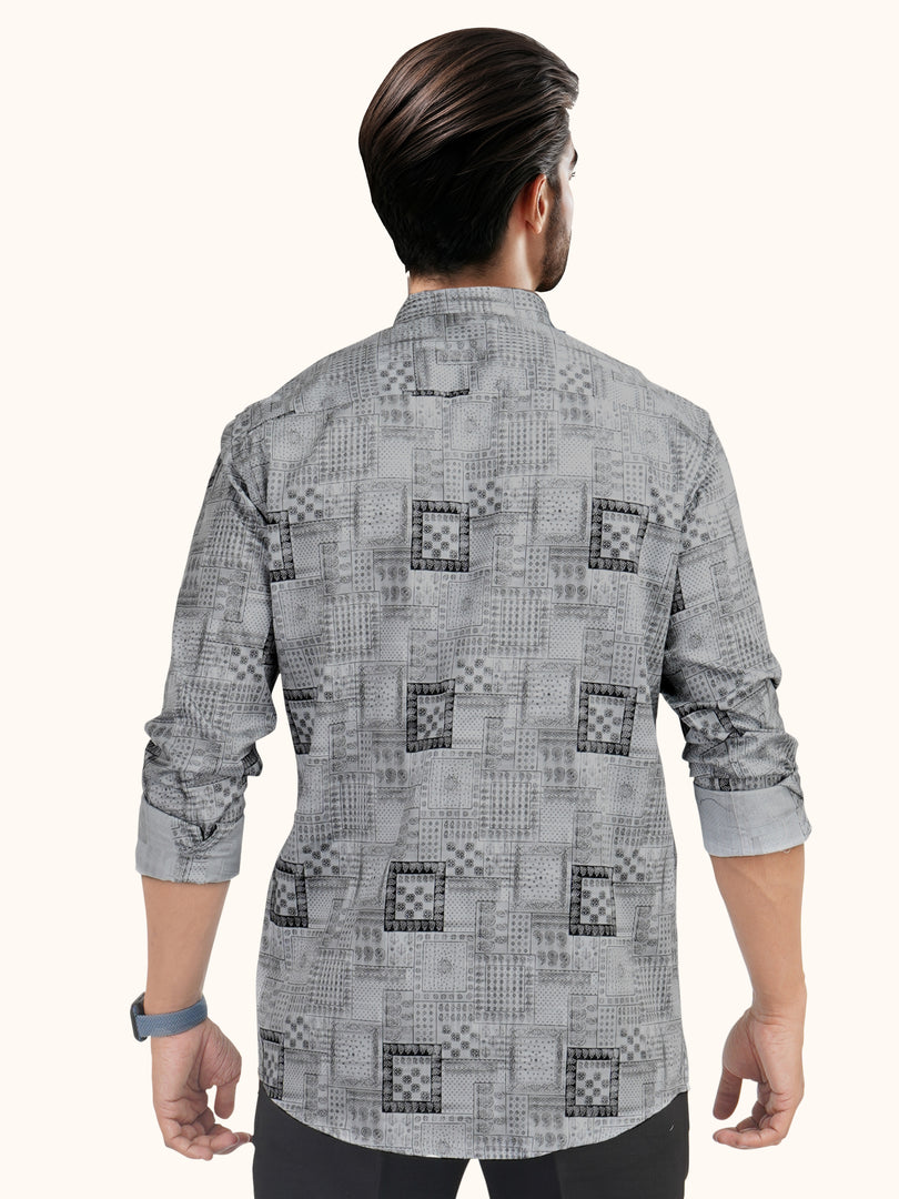 MENS COTTON GREY PRINTED SLIM FIT SHORT KURTA