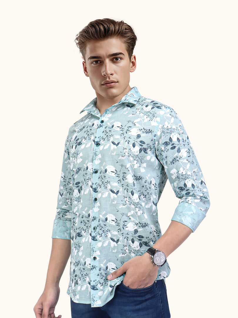 Men Smart Fit Floral Print Green Full Sleeve Shirt