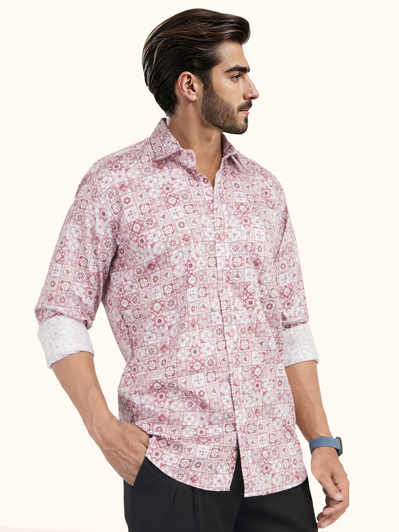 MENS COTTON PINK PRINTED SLIM FIT FULL SLEEVE CASUAL SHIRT