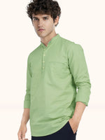 Load image into Gallery viewer, MENS POPCORN GREEN PLAIN SLIM FIT SHORT KURTA
