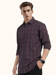 MENS COTTON MAROON CHECKERED SLIM FIT FULL SLEEVE CASUAL SHIRT
