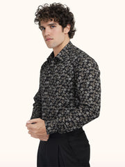 MENS COTTON BLACK PRINTED SMART FIT FULL SLEEVE FORMAL SHIRT