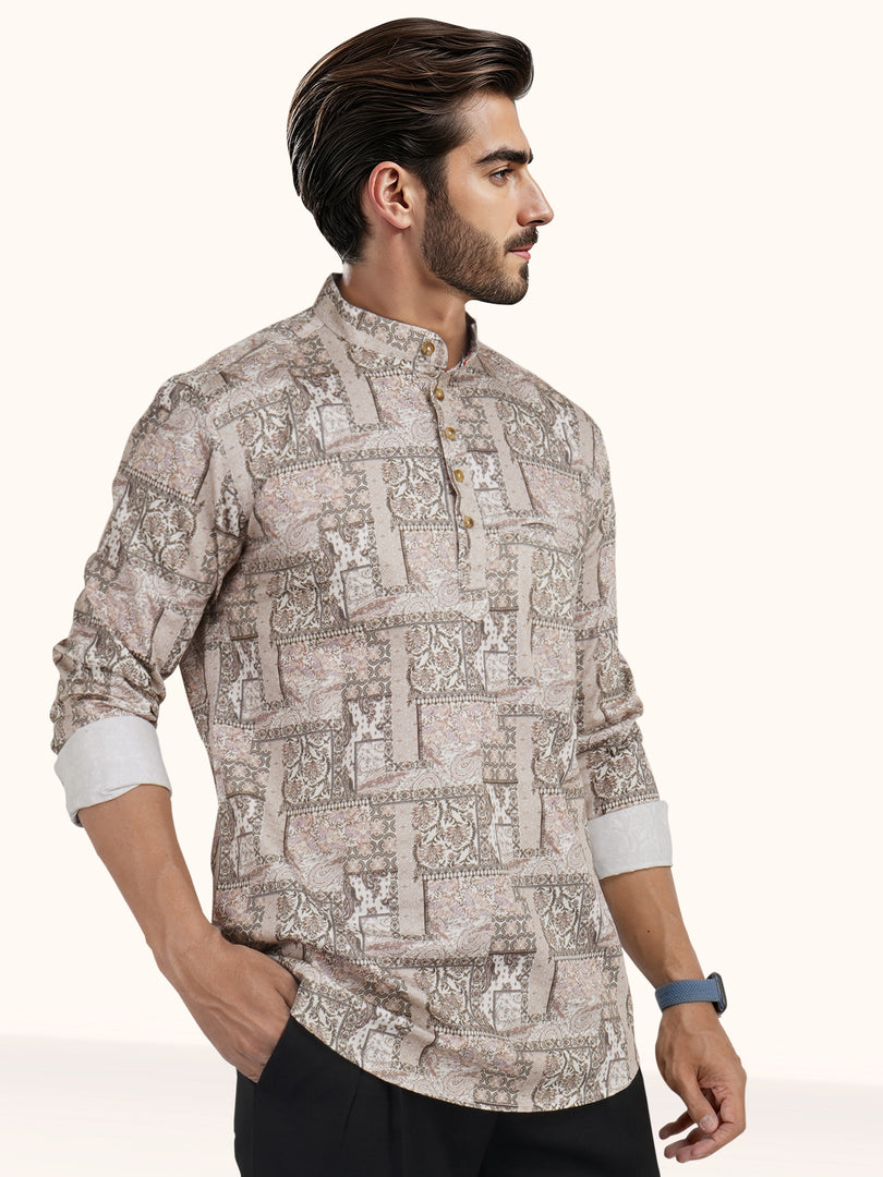 MENS COTTON MULTI COLOR PRINTED SLIM FIT SHORT KURTA