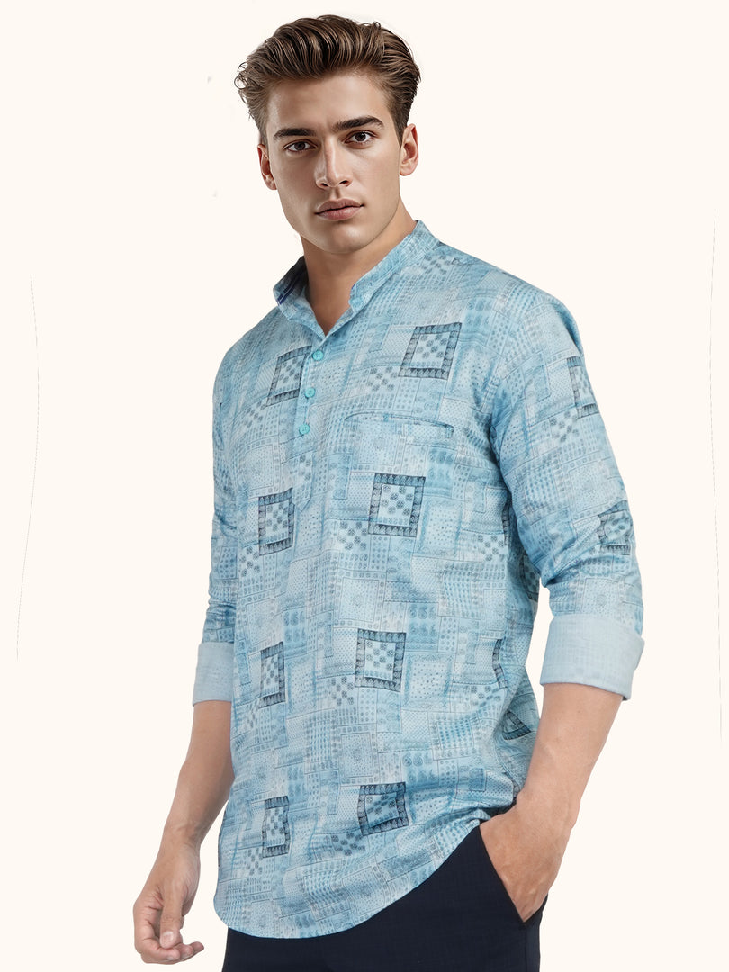 MENS COTTON SKY PRINTED SLIM FIT SHORT KURTA
