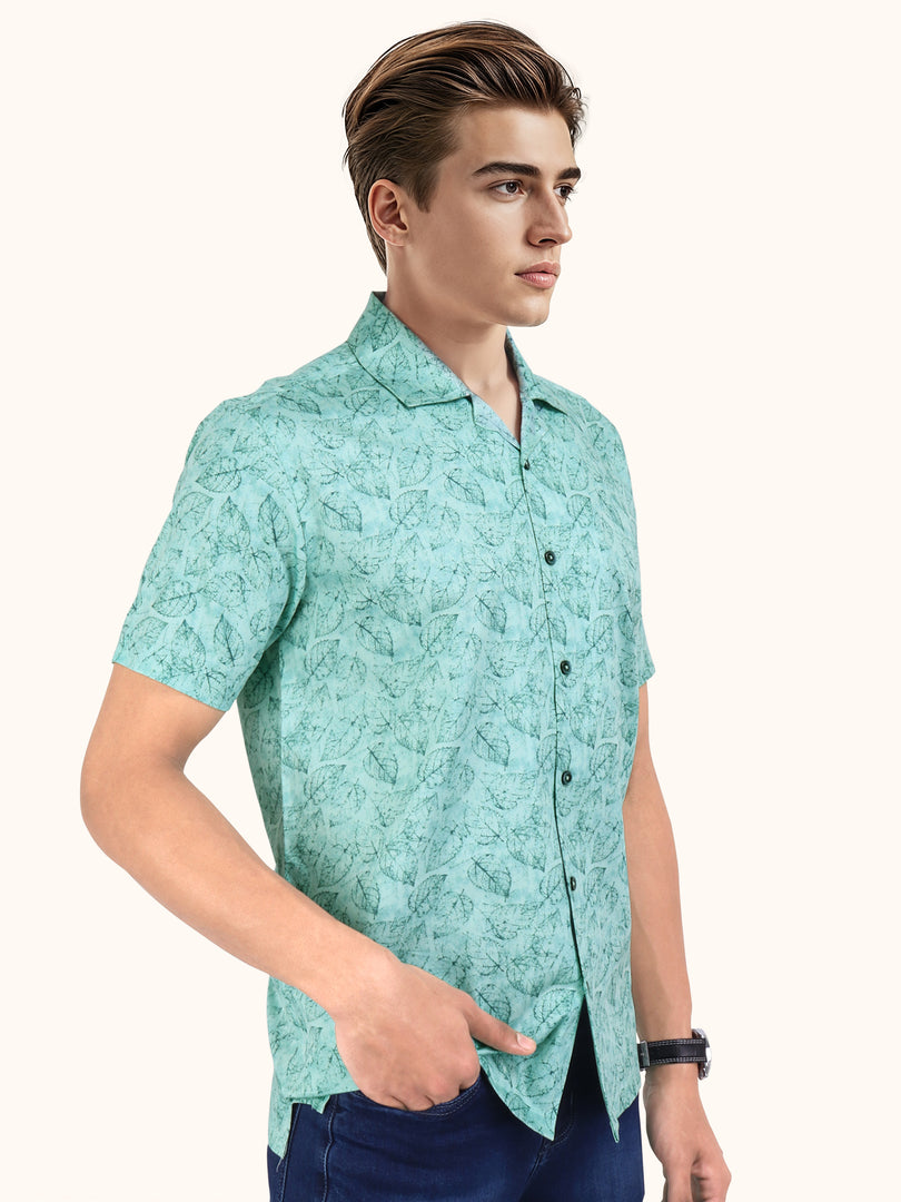 Men Smart Fit Floral Print Green Half Sleeve Shirt