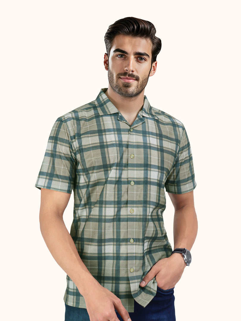 Men Smart Fit Chequered Olive Half Sleeve Shirt