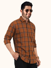 MENS COTTON BROWN CHECKERED SLIM FIT FULL SLEEVE CASUAL SHIRT