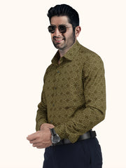 MENS COTTON OLIVE PRINTED SMART FIT FULL SLEEVE FORMAL SHIRT